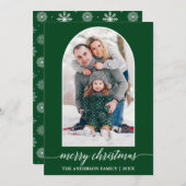 書道スノーフレーク写真アーチクリスマスグリーン シーズンカード (正面/裏面)