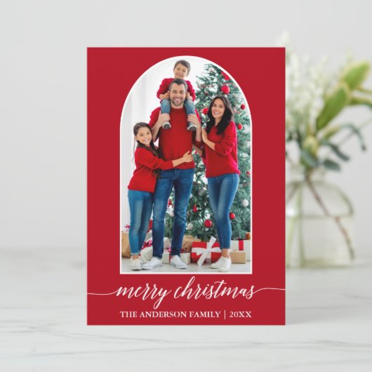 書道スノーフレーク写真アーチクリスマスレッド シーズンカード (スタンド正面)