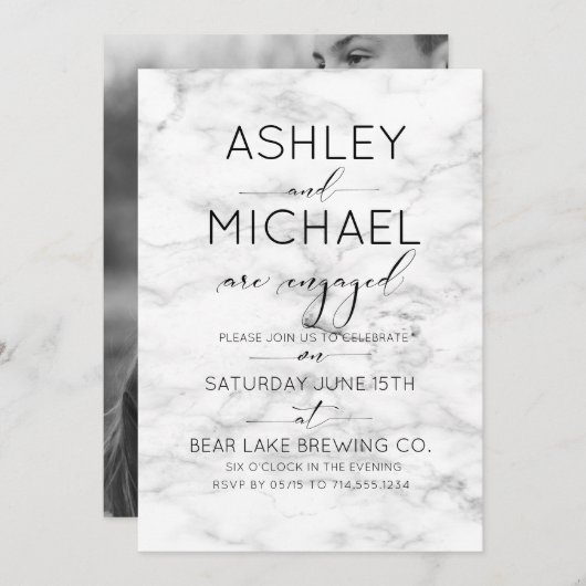 書道タイポグラフィ大理石婚約パーティ 招待状 (正面/裏面)