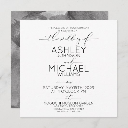 書道タイポグラフィ白黒スクエア結婚ズ 招待状 (正面/裏面)