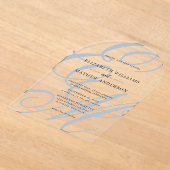 書道ダスティブルーモノグラム結婚のアーチ アクリル招待状 (レイダウン)