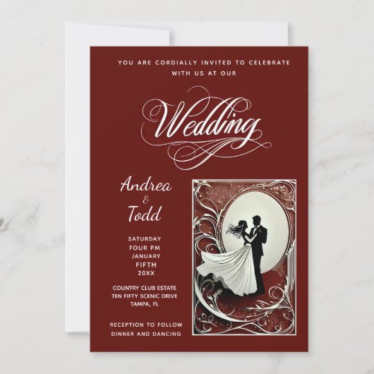 書道ダンスブルゴーニュヴィンテージ結婚写真 招待状 (正面)