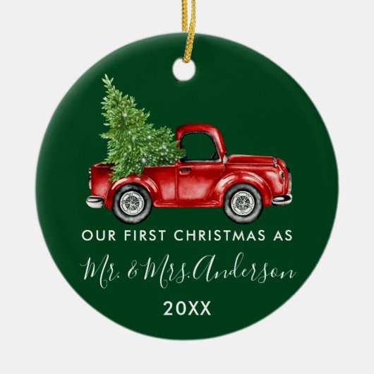 書道トラック初めてのクリスマスミセス・グリーン セラミックオーナメント (正面)