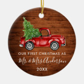 書道トラック木材初めてのクリスマスミセス セラミックオーナメント (正面)