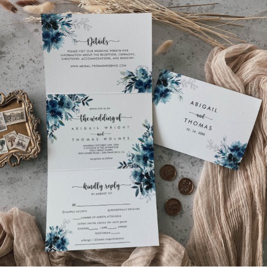 書道ネイビーブルーフローラ結婚ズ 三つ折り招待状