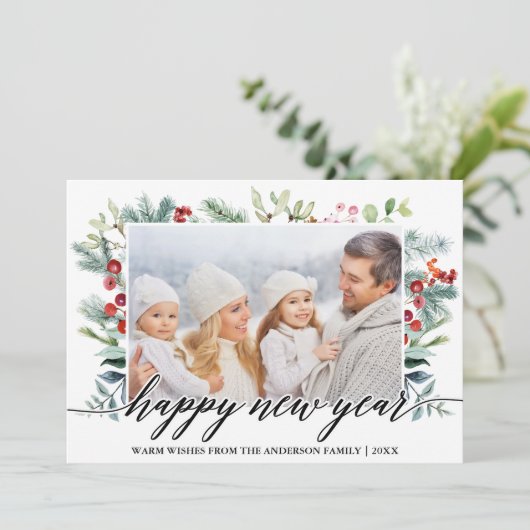 書道ハッピーニューイヤー冬の緑の写真 シーズンカード (スタンド正面)