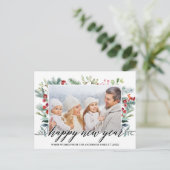 書道ハッピーニューイヤー冬の緑の写真 ポストカード (スタンド正面)