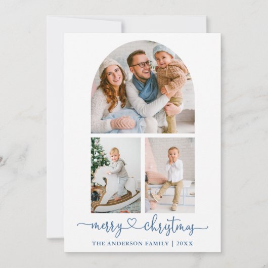 書道ハートほこりっぽいブルーアーチフォトクリスマス シーズンカード (正面)