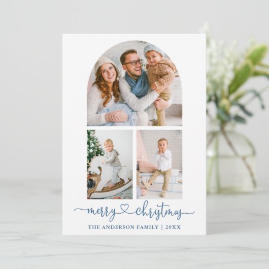 書道ハートほこりっぽいブルーアーチフォトクリスマス シーズンカード (スタンド正面)