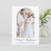 書道ハートほこりっぽい青い写真アーチクリスマス シーズンカード (スタンド正面)