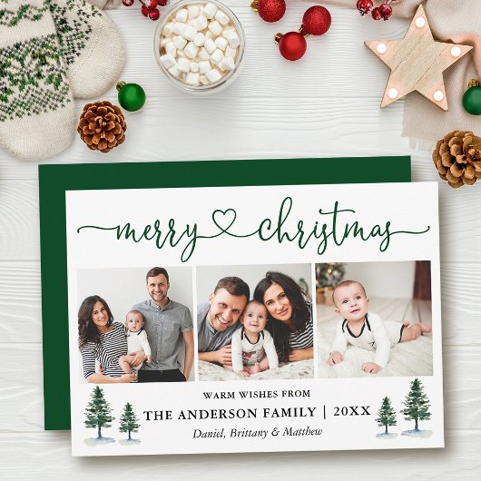 書道ハートクリスマスパインズ3フォトグリーン シーズンカード