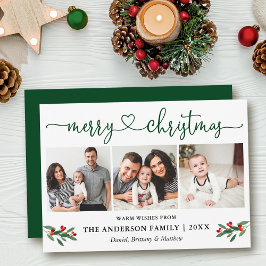 書道ハートクリスマスホリー3フォトグリーン シーズンカード