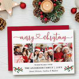 書道ハートクリスマスホリー3フォトレッド シーズンカード