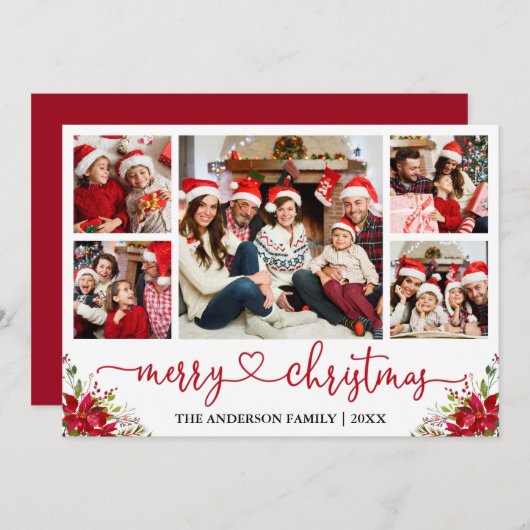 書道ハートクリスマスポインセチア5写真 シーズンカード (正面/裏面)