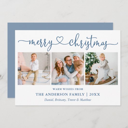 書道ハートクリスマス3写真ほこりっぽい青 シーズンカード (正面/裏面)