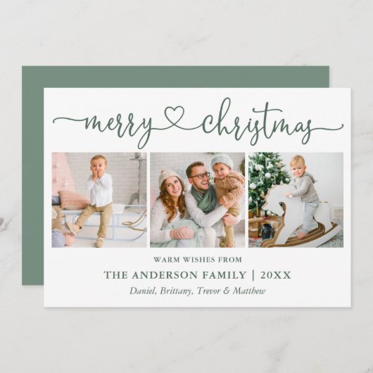 書道ハートクリスマス3写真セージ緑 シーズンカード (正面/裏面)