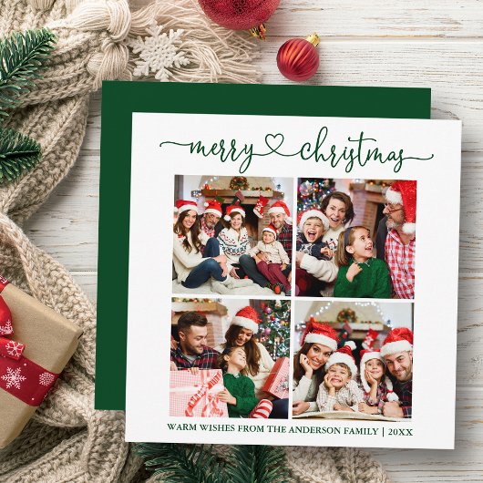 書道ハートクリスマス4フォトグリーンスクエア シーズンカード