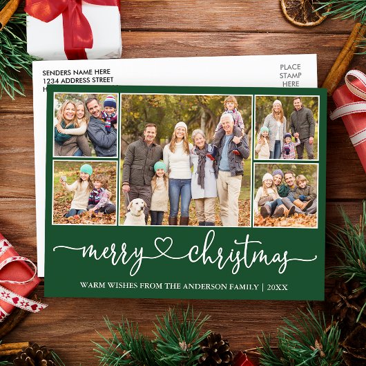 書道ハートクリスマス5フォトグリーンホリデー ポストカード