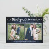 書道ハートスクリプトブルーウッド2写真結婚の サンキューカード (スタンド正面)