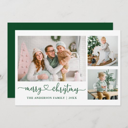 書道ハートスクリプト緑のクリスマス3写真 シーズンカード (正面/裏面)