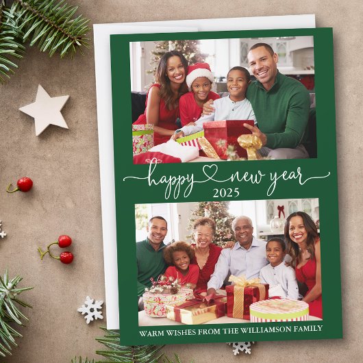 書道ハートハッピーニューイヤー緑2写真 シーズンカード