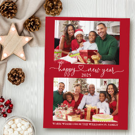 書道ハートハッピーニューイヤー赤2枚 ポストカード