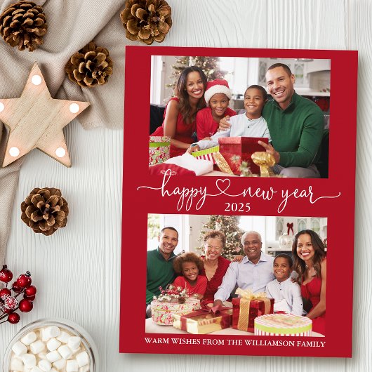 書道ハートハッピーニューイヤー赤2枚 ポストカード