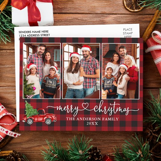 書道ハートプレイド3写真クリスマストラック ポストカード