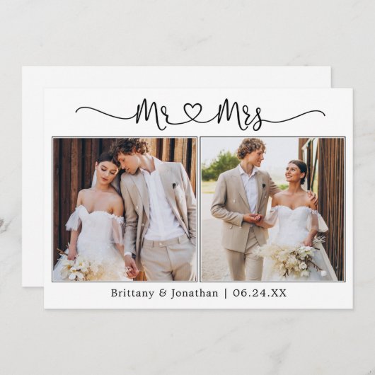 書道ハートミセス結婚の2枚の写真 サンキューカード (正面/裏面)