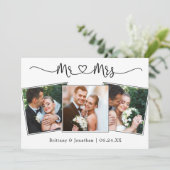 書道ハートミセス結婚の3枚の写真 サンキューカード (スタンド正面)