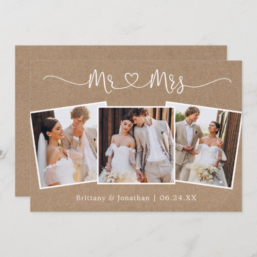 書道ハートミセス結婚の3枚フォトクラフト サンキューカード (正面/裏面)