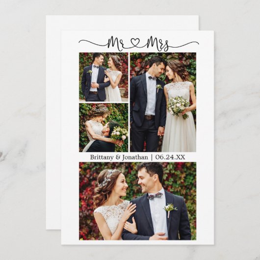 書道ハートミセス結婚の4枚の写真 サンキューカード (正面/裏面)