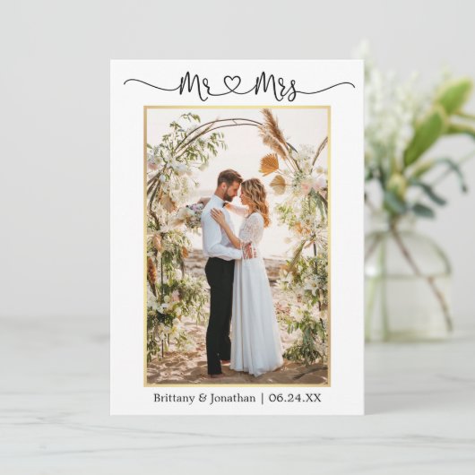 書道ハートミセス結婚ズ写真金ゴールド サンキューカード (スタンド正面)