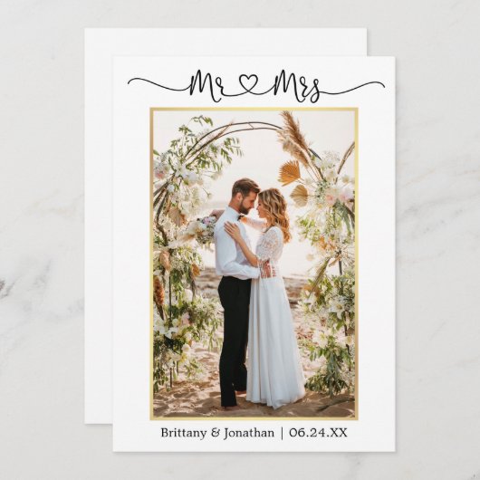 書道ハートミセス結婚ズ写真金ゴールド サンキューカード (正面/裏面)