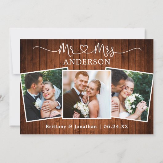 書道ハートミセス結婚ズ3枚フォトウッド サンキューカード (正面)