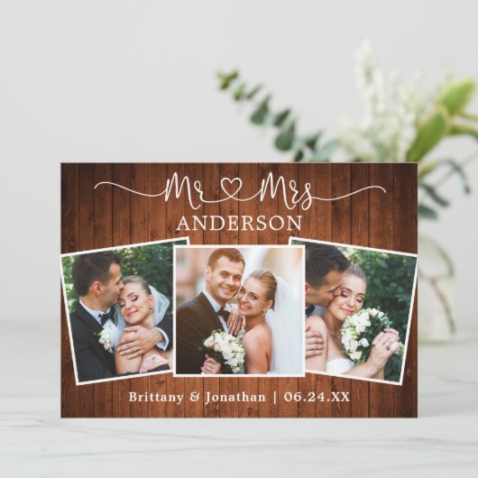 書道ハートミセス結婚ズ3枚フォトウッド サンキューカード (スタンド正面)