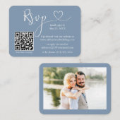 書道ハート写真結婚のダスティブルーRSVP QR エンクロージャーカード (正面/裏面)