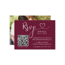 書道ハート写真結婚のバーガンディQR RSVP エンクロージャーカード
