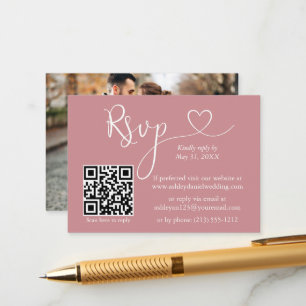 書道ハート写真結婚の埃っぽいバラQR RSVP エンクロージャーカード