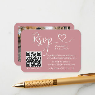 書道ハート写真結婚の埃っぽいバラRSVP QR エンクロージャーカード