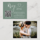 書道ハート写真結婚のSage Green QR RSVP エンクロージャーカード (正面/裏面)