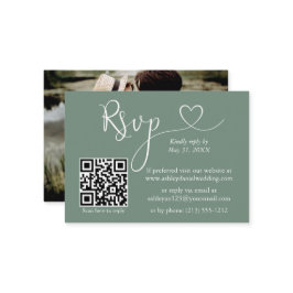 書道ハート写真結婚のSage Green QR RSVP エンクロージャーカード
