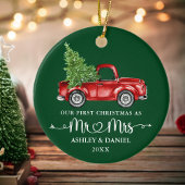 書道ハート初めてのクリスマスレッドトラックグリーン セラミックオーナメント