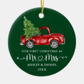 書道ハート初めてのクリスマスレッドトラックグリーン セラミックオーナメント (正面)