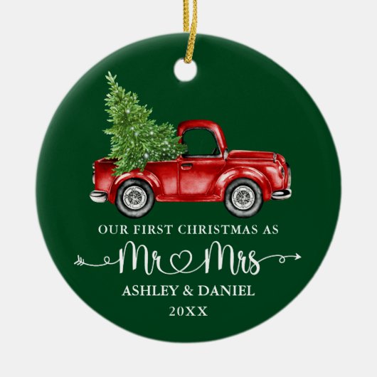 書道ハート初めてのクリスマスレッドトラックグリーン セラミックオーナメント (正面)