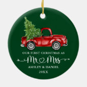 書道ハート初めてのクリスマスレッドトラックグリーン セラミックオーナメント (裏面)