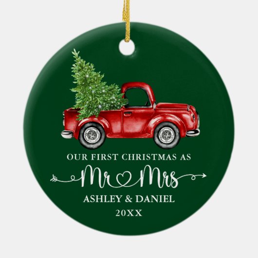 書道ハート初めてのクリスマスレッドトラックグリーン セラミックオーナメント (裏面)