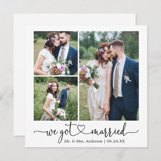 書道ハート得We結婚したの結婚3枚の写真 案内状 (正面/裏面)