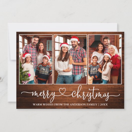 書道ハート木材3写真メリークリスマス シーズンカード (正面)