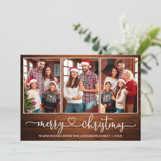 書道ハート木材3写真メリークリスマス シーズンカード (スタンド正面)